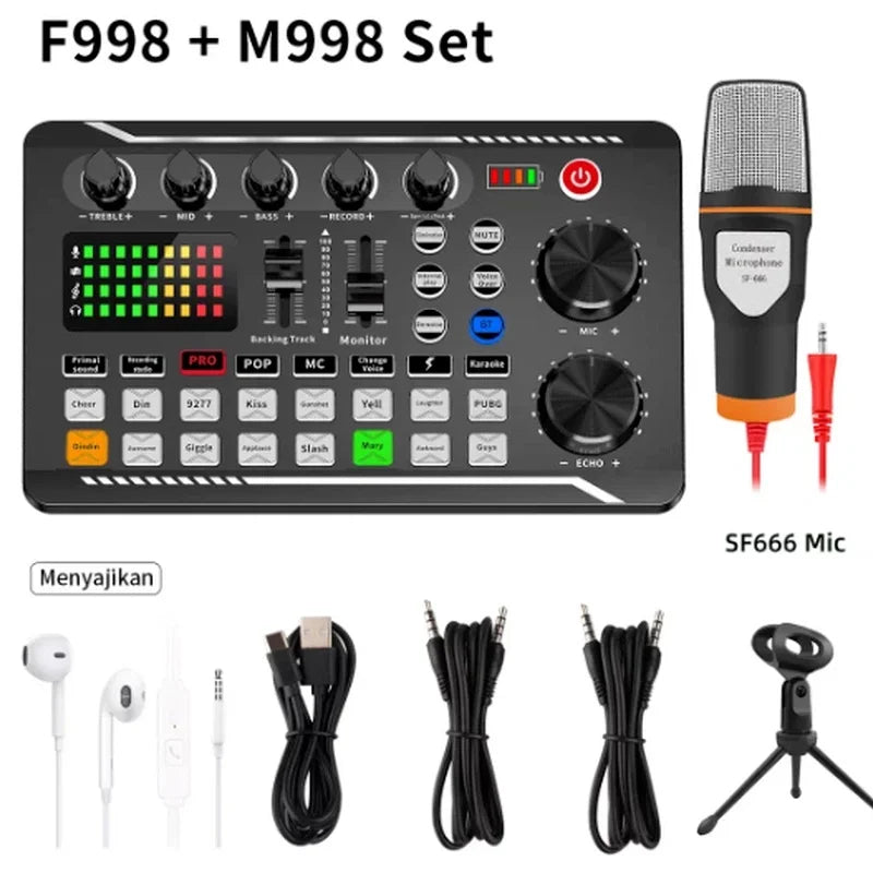 F998 Live Streaming Sound Card Kit Rechargeable Condenser Microphone With Stand Bluetooth Mixer For Streaming Recording