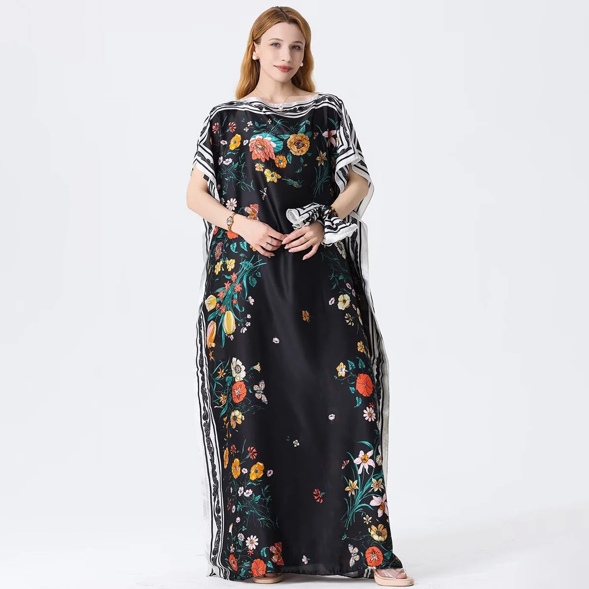 1 piece, colorful floral satin long dress, women's loose long dress, with the same color headscarf, fashionable beach robe
