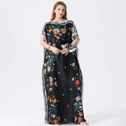 1 piece, colorful floral satin long dress, women's loose long dress, with the same color headscarf, fashionable beach robe