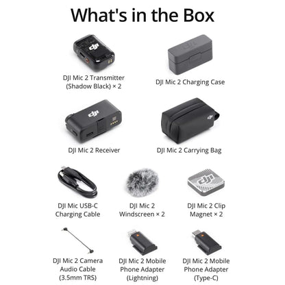 DJI Mic 2 (2 TX + 1 RX + Charging Case), All-in-one Wireless Microphone, Intelligent Noise Cancelling, 32-bit Float Internal Recording, 250m (820 ft.) Range, Microphone for iPhone, Android, Camera