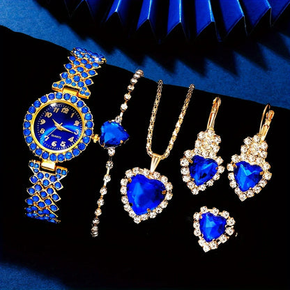 6PCS Elegant Women's Fashion Jewelry and Watch Set, Ladies Blue Rhinestone Dial Quartz Wristwatch,Female Jewelry Watches Set