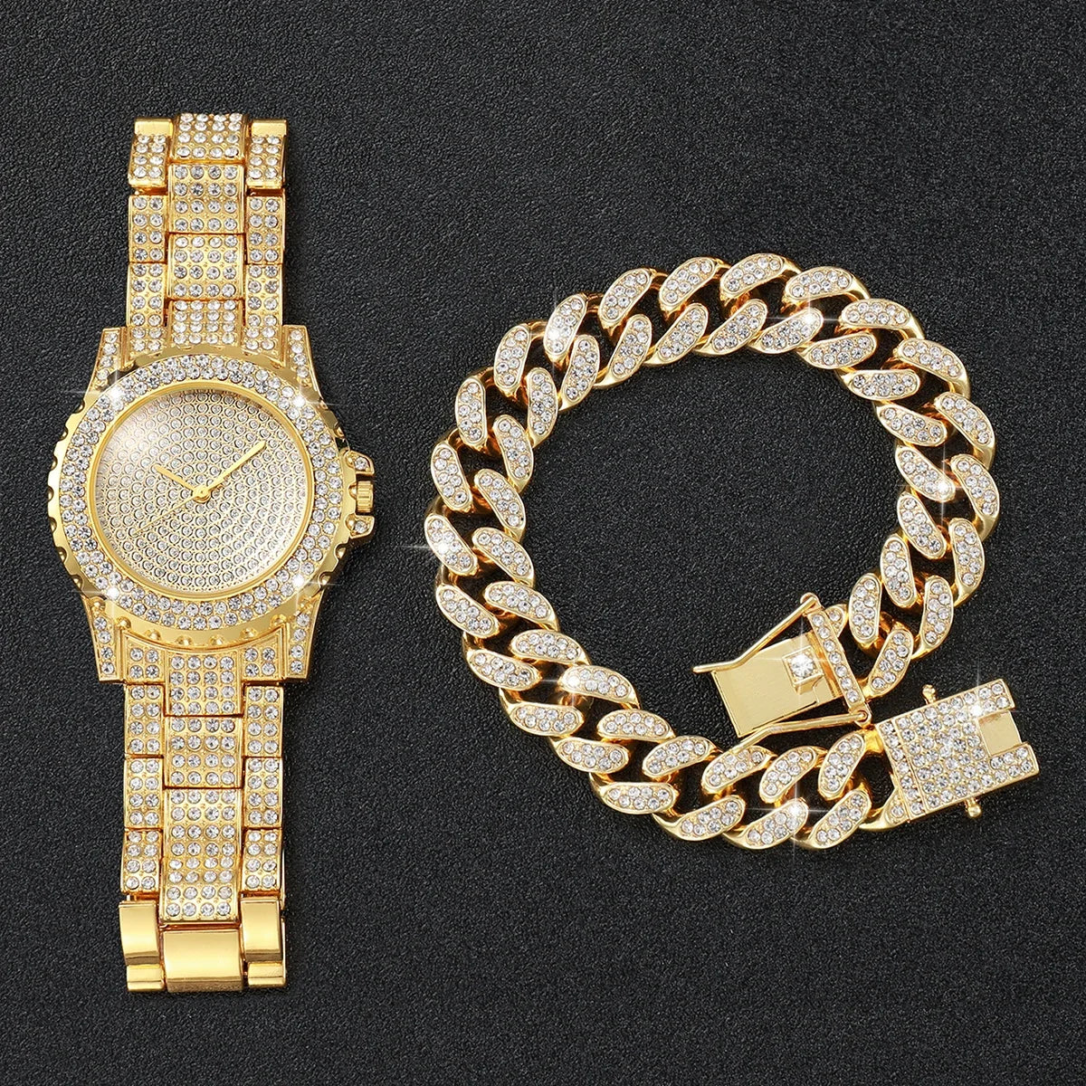 ABC2 Pcs Luxury Full Diamond Men's Watches Steel Band Gold Analog Watch Quartz Bracelet Set Men's Watch Homo Watch