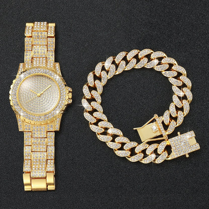ABC2 Pcs Luxury Full Diamond Men's Watches Steel Band Gold Analog Watch Quartz Bracelet Set Men's Watch Homo Watch