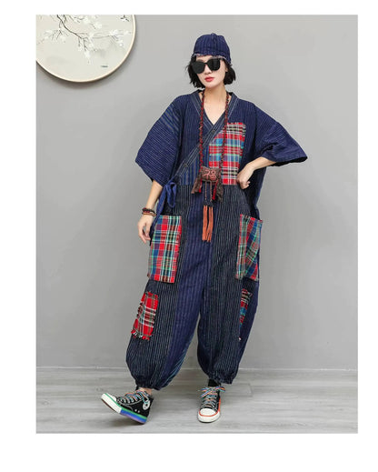 Women Plaid Jumpsuit Loose Wide Legs Short Sleeves Diagonal Buttons Straps Jumpsuit LX6229