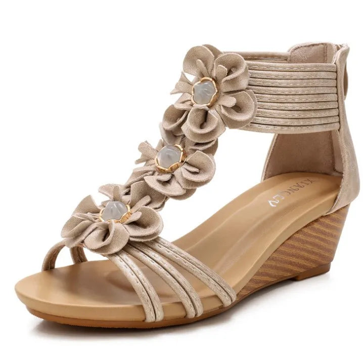 High quality leather flat sandals for women 5cm mid heel flower summer 2026 36 42 open toe vintage beach shoe black pink beige