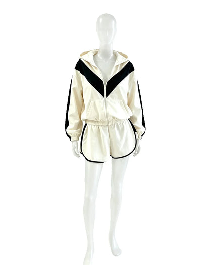 Chevron Stripe Windbreaker Tracksuit Women Casual Zip Cropped Jacket Contrast Trim Shorts Suit Lady Daily Jogging Street Outfit