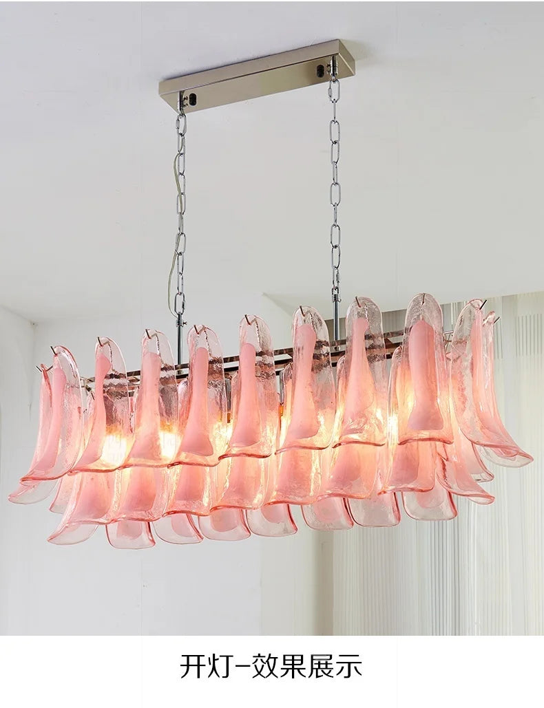 French Murano Petal Glass Chandelier Dining Table Living Room Antique Style Pink Petal Glass Pendant Chandelier Lights Bedroom
