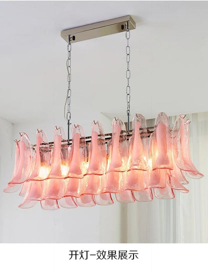 French Murano Petal Glass Chandelier Dining Table Living Room Antique Style Pink Petal Glass Pendant Chandelier Lights Bedroom