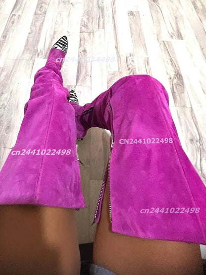 Women's Suede Zebra Print Patchwork Over the Knee Boots Pointed Toe Chunky High Heels Side Zipper Fold Over Thigh High Boots