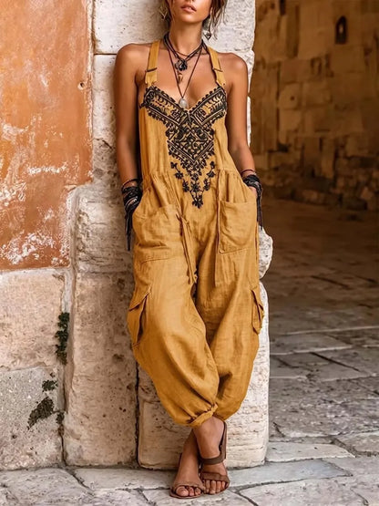 Women Boho Printed Halter Jumpsuit Sleeveless Drawstring Waist Multi Pocket Cargo Loose Summer Casual Outfits Women's Jumpsuit