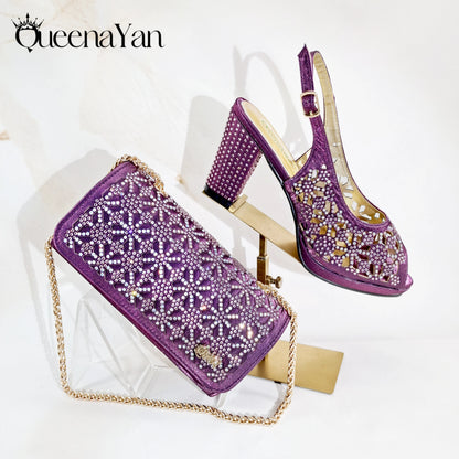 Queena Yan Popularity Olive Color Rhinestone Decoration Design Peep Toe Party Wedding Women High Heels and Bag Set