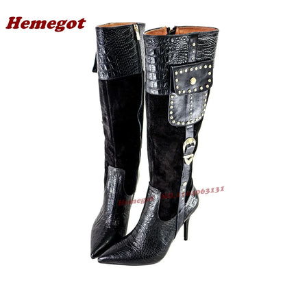 Croc-Pattern Patchwork Knee High Boots Rivet Pocket Stiletto Heels Women's Long Boots Buckled Splicing Casual Shoes 2026 New