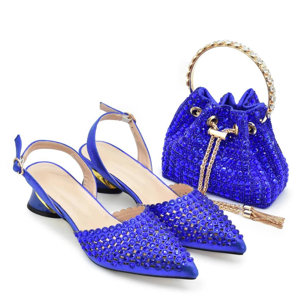 Fashion Royal Blue Shoe and Bag Set Decorated with Rhinestone Nigeria Italian Shoes and Matching Bags Elegant Heeled Women Pumps