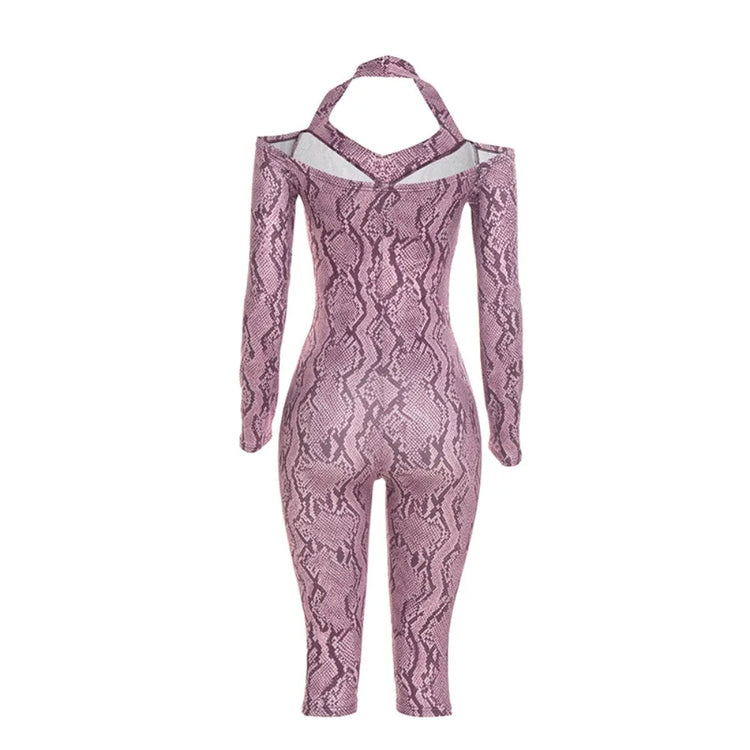 FLARORA Sexy Serpentine Print Jumpsuits Woman Halter Off-shoulder Full Sleeve Skinny Peach Hip Playsuits Hottie Party Clubwear