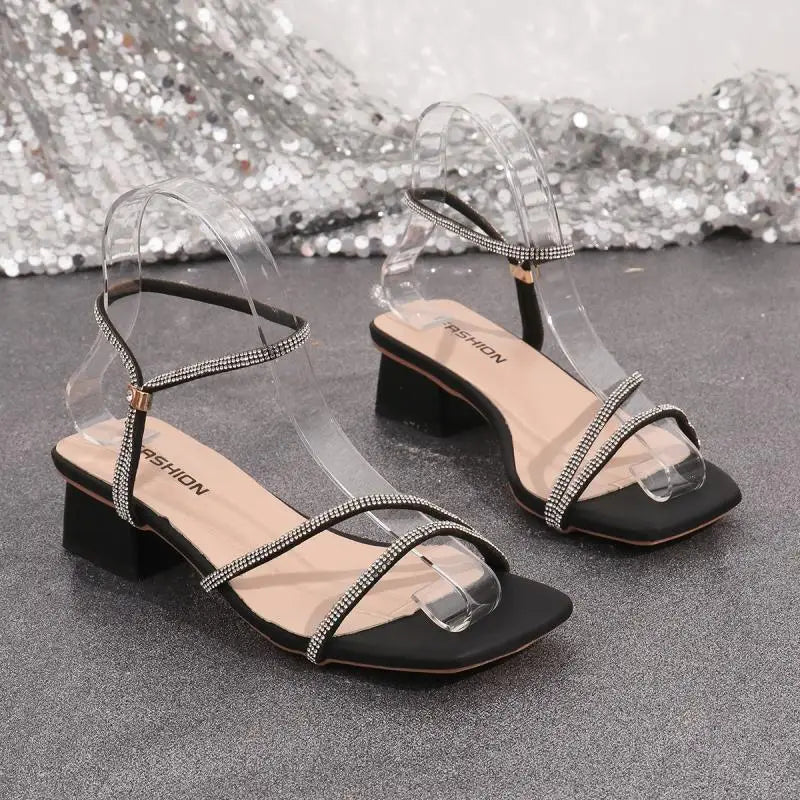 Elegant Square Toe Medium Heel Woman's Sandals Women Summer 2026 Luxury Rhinestore Strap Sandals Plus Size Woman Designer Shoes