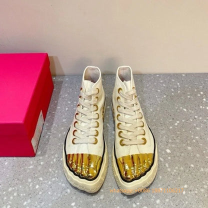 Golden Five Fingers Catwalk Ladies Shoes 2024 Summer New Sexy Street Thick Sole Sports Casual Pumps Model Party Lace Up Sneakers
