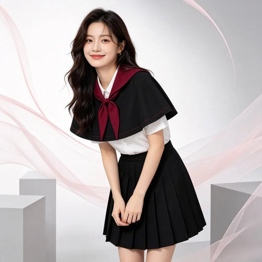 JK Three Piece School Uniform Korean Loose Cute Cape Shirt Pleated Skirt For Female Student Daily Campus Halloween Cosplay