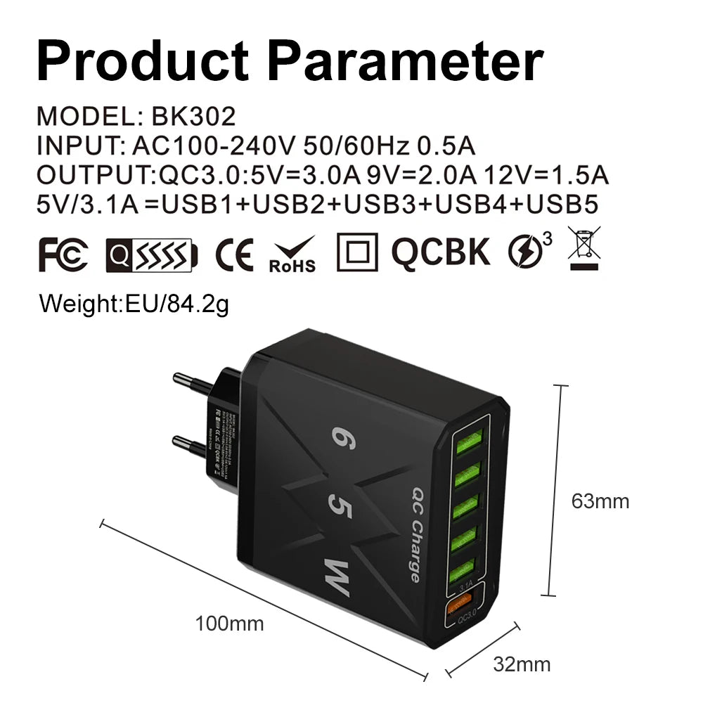6 Ports USB Charger Fast Charging QC3.0 Travel Charger For iPhone17 16 Samsung Xiaomi Vivo Mobile Phone Adapter EU US UK Plug
