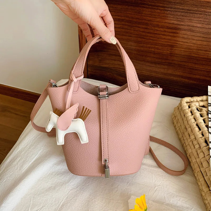 Fashion Vegetable Basket Bucket Bag Women's Autumn New Lychee Pattern Shoulder Bag Simple Solid Color Niche Messenger Bag