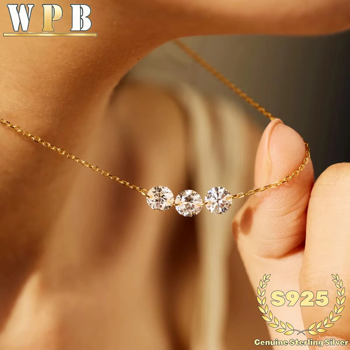 Genuine S925 Silver 3 Sparkling Zircon Necklace Dainty Sliding - Adjustable Length  Minimalist Luxury Jewelry for Men and Women