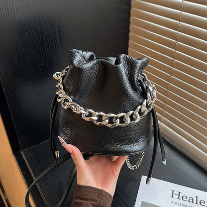 100% Genuine Leather Women Shoulder Crossbody Bags High Quality Solid Color Cow Leather Bucket Handbag Luxury Female Sac