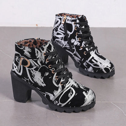 Women's Fashion Round Toe Boots High Heeled Women Boots Cross Straps Short Boots Zipper Printed Comfortable High Heeled Shoes