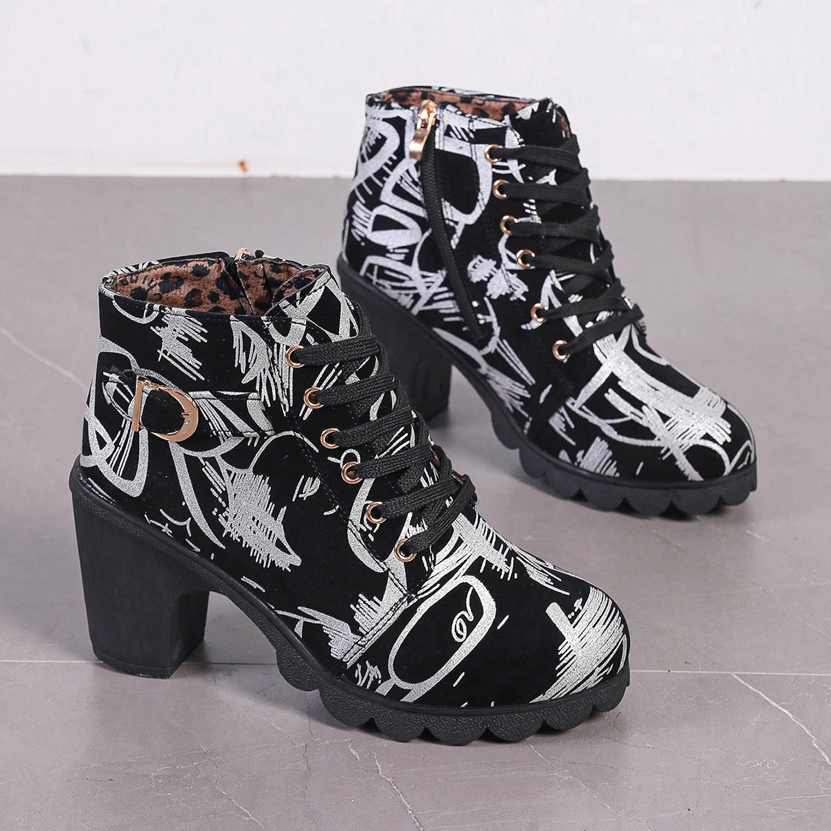 Women's Fashion Round Toe Boots High Heeled Women Boots Cross Straps Short Boots Zipper Printed Comfortable High Heeled Shoes