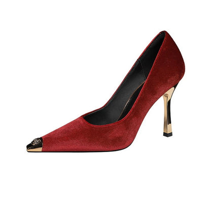 Women Peach Pink Velvet Metal Capped Pointed Toe Pumps Gold Trapezoid Thin High Heels Gentle Retro Luxury Date Banquet Ladies
