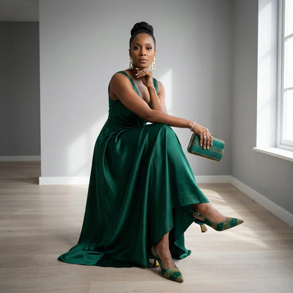 2026 Nigerian Women Heel Ladies Italian Luxury Design Green Shoes And Bag Set Decorated with Rhinestone Handbag Wedding Party