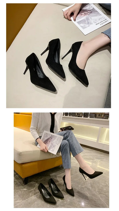 Spring and Autumn New Black High Heels Female Shallow Mouth Pointed Thin with Sexy Temperament Single Shoes Zapatos De Mujer