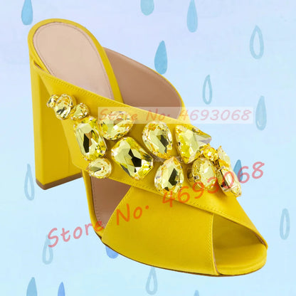 Gems Silk Chunky High Heels Slippers Women Luxury Cross Strap Rhinestone Mules Ladies Stylish Summer Bling Open Toe Party Shoes