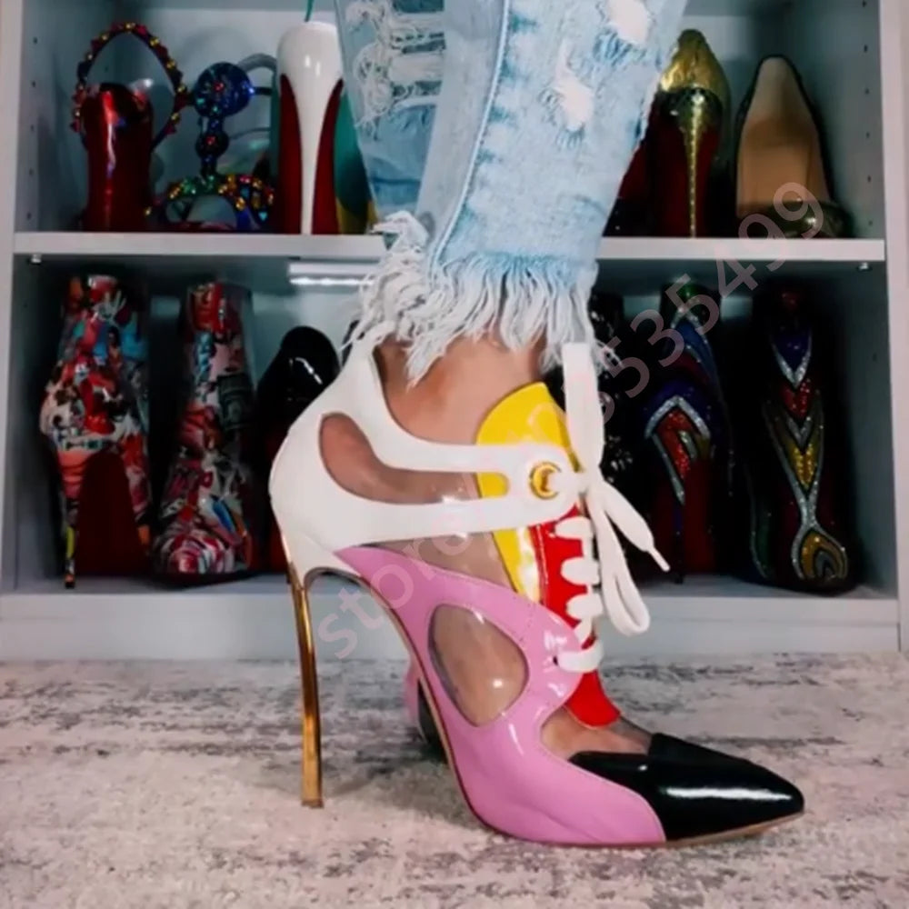 Mixed Color Sexy Catwalk Stiletto Short Boots 2025 New Pointed Stitching Lace-Up Boots Fashion Ladies Party Casual Short Boots