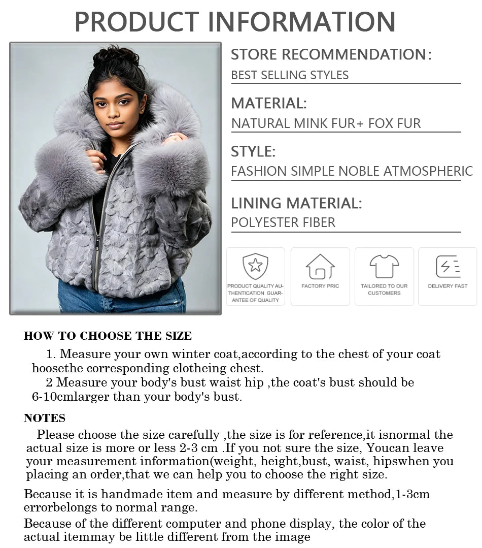 Woman's Section Mink Fur Jacket With Fox Collar Cuffs Hooede Fur Jacket Real Fur Zippered Jacket High Quality Natural Fur Coat