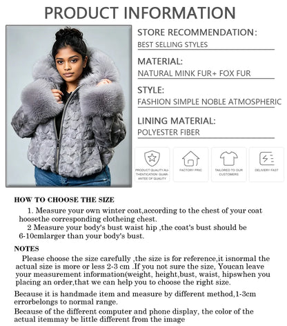 Woman's Section Mink Fur Jacket With Fox Collar Cuffs Hooede Fur Jacket Real Fur Zippered Jacket High Quality Natural Fur Coat