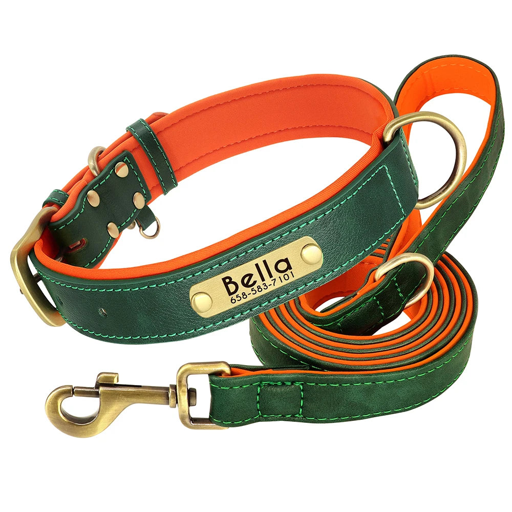 Personalized Dog Collar Leash PU Leather Dogs Collars Pet Rope Engraved Pet ID Name Necklace for Small Large Dogs Soft Padded