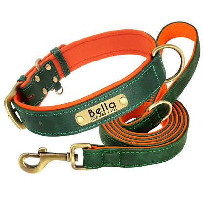 Personalized Dog Collar Leash PU Leather Dogs Collars Pet Rope Engraved Pet ID Name Necklace for Small Large Dogs Soft Padded