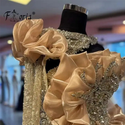 Luxury Major Crystal Evening Dresses Champagne Ruffle Wedding Dress One Shoulder Shiny Bead Arabic Fromal Gala vestidos de novia