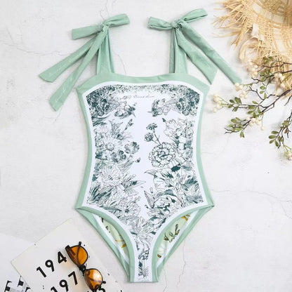 Women's Retro Double Sided Print Sweetheart Neck Tie Back Sleeveless One Piece Swimsuit Tankini Tankinis Dames Tankini Woman