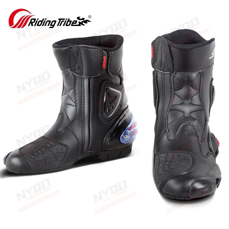 Men Women Motorcycle Boots Microfiber Leather Motorbike Riding Shoes, Anticollision Ankle Protective Moto Racing Short Boot A004