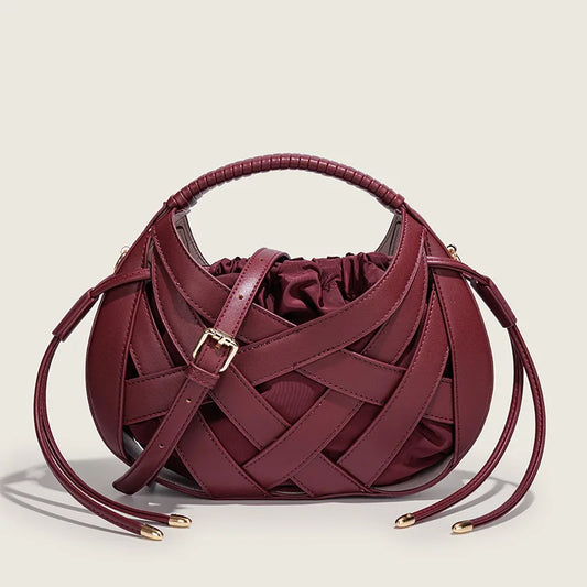 Fashion Woven Hollow Women Handbags Luxury Designer Ladies Shoulder Messenger Bag Small Totes Tassel Lady Composite Bag Burgundy