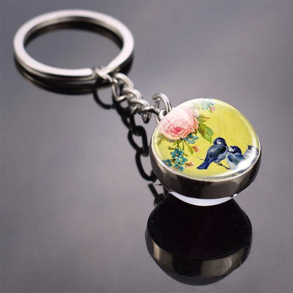 Animals Cute Keychain Cat Dog Bear Peacock Rabbit Squirrel Phoenix Double Side Glass Ball Pendant Keyring Jewelry Key Chain Gift