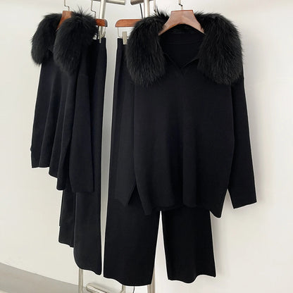 Reality Fur Jacket Pullover Set Woman Spring Knitted Suit Knitwear Female Real Fox Fur Collar Sweater Lady Autumn Knitted New