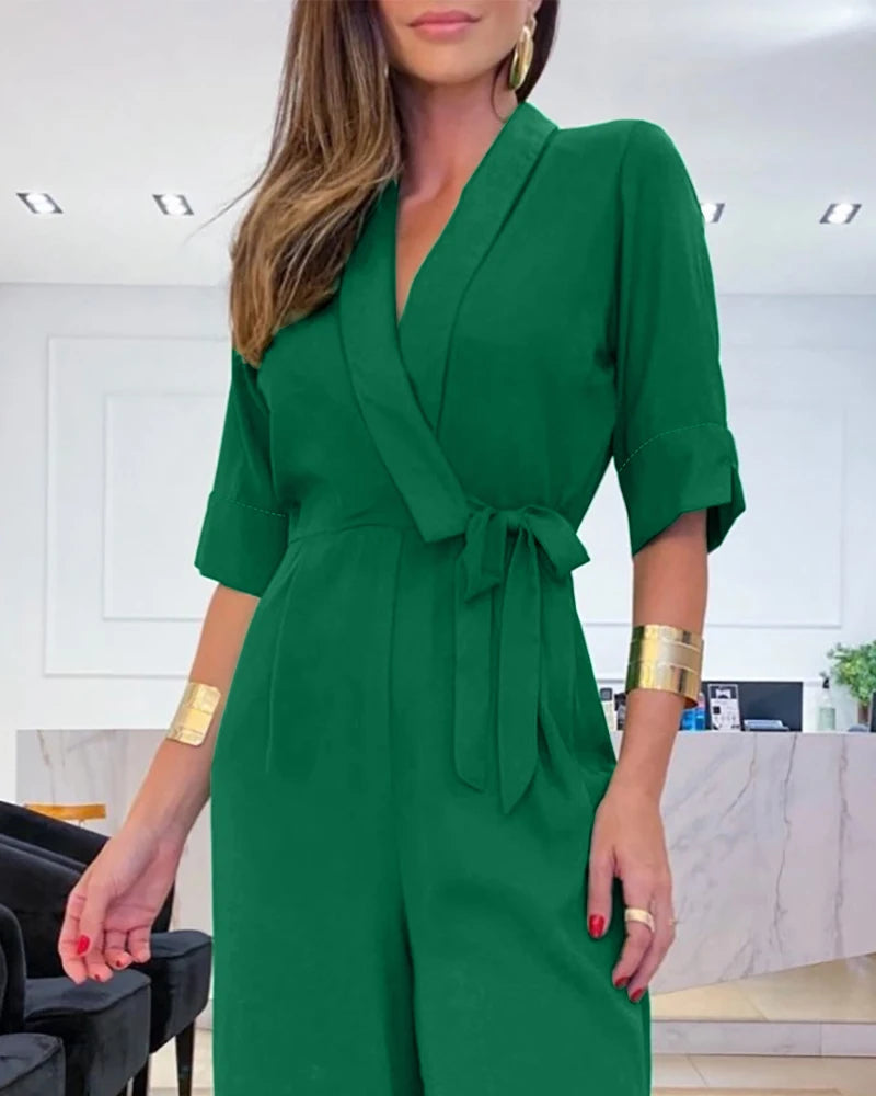V-neck Half Sleeve Tied Waist Wide Leg Jumpsuits Elegant Lady Workwear