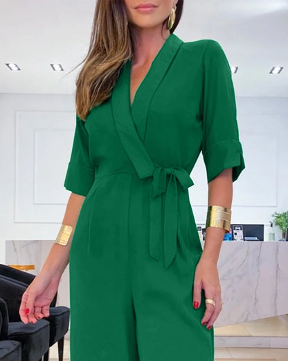 V-neck Half Sleeve Tied Waist Wide Leg Jumpsuits Elegant Lady Workwear