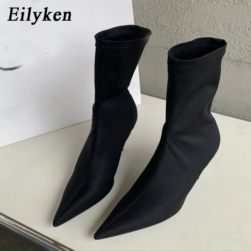 2026 New Spring Autumn Stretch Fabric Women Ankle Boots Sexy Pointed Toe High Heels Fashion Female Socks Pumps Shoes