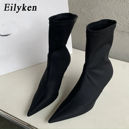 2026 New Spring Autumn Stretch Fabric Women Ankle Boots Sexy Pointed Toe High Heels Fashion Female Socks Pumps Shoes