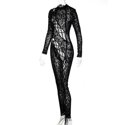 Skinny Hollow Out Cross Bandage Patchwork Jumpsuits Women Leopard Print Retro Fashion Sexy Cleavage Bodycon Party Clubwear Hot