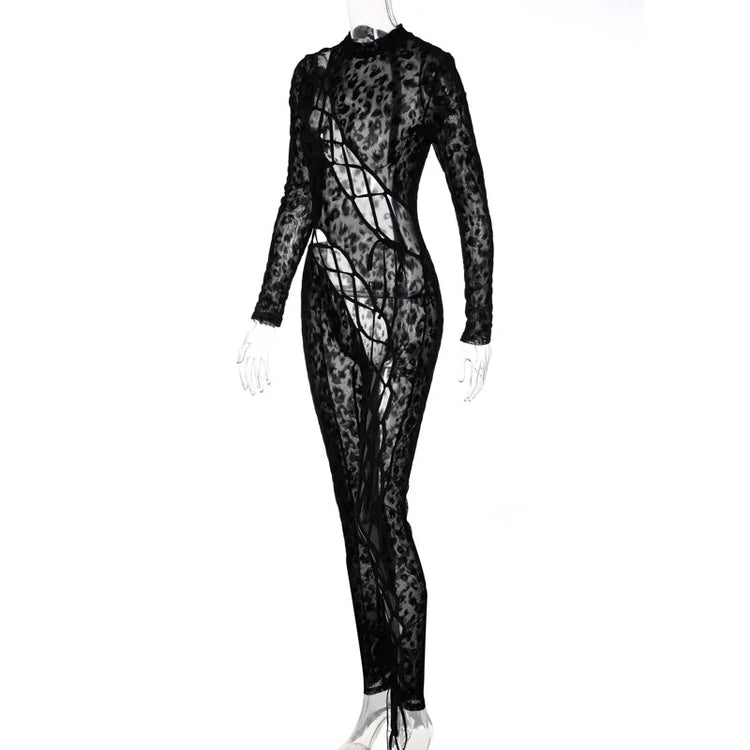 Skinny Hollow Out Cross Bandage Patchwork Jumpsuits Women Leopard Print Retro Fashion Sexy Cleavage Bodycon Party Clubwear Hot