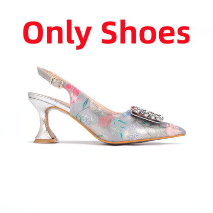 Newest Green Color Print Design High Heels Decorated with Water Rhinestone Party Women's Shoes and Bags Set