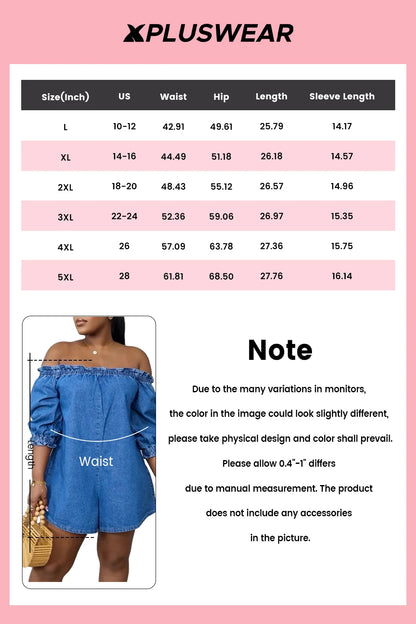 Plus Size Vacation Blue Casual Off The Shoulder Puff Sleeve Half Sleeve Pocket Denim Rompers